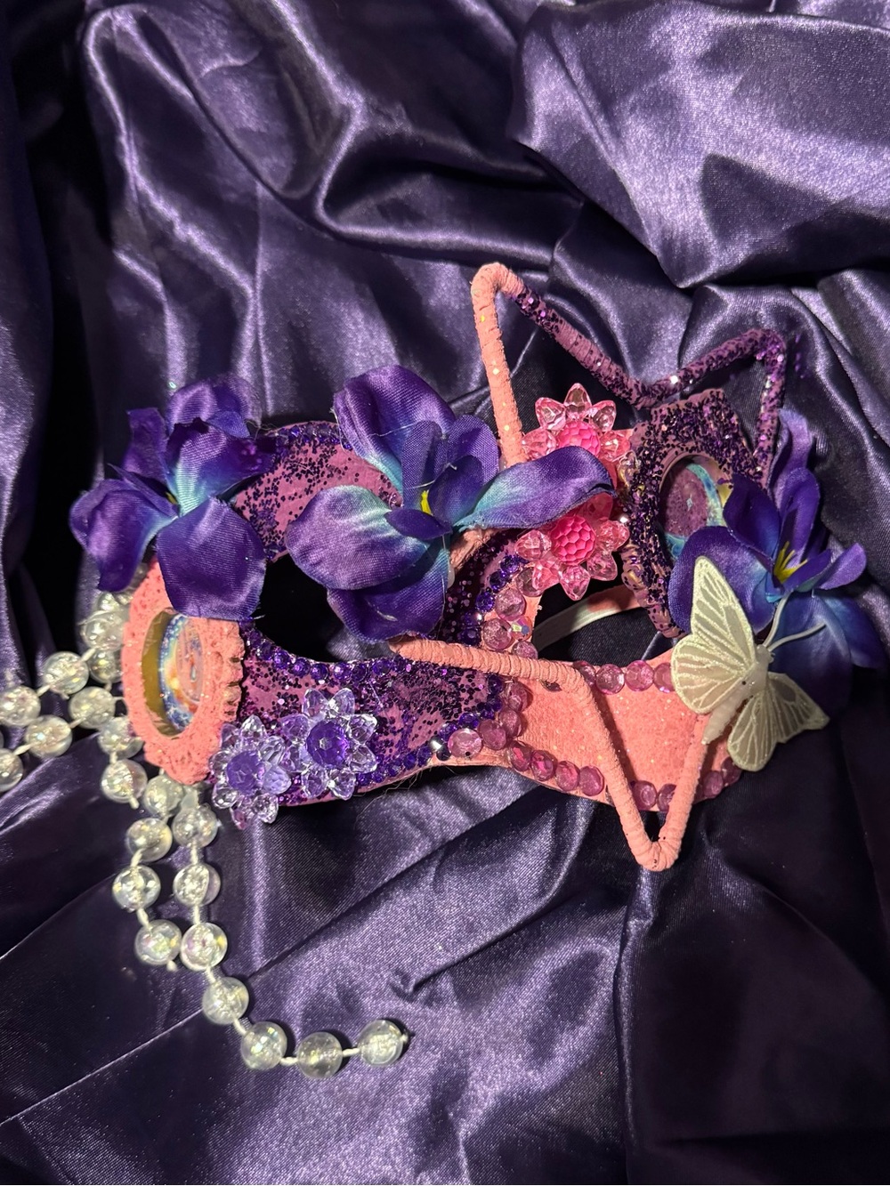 Handmade Pink and Purple Floral Masquerade Mask with pink star